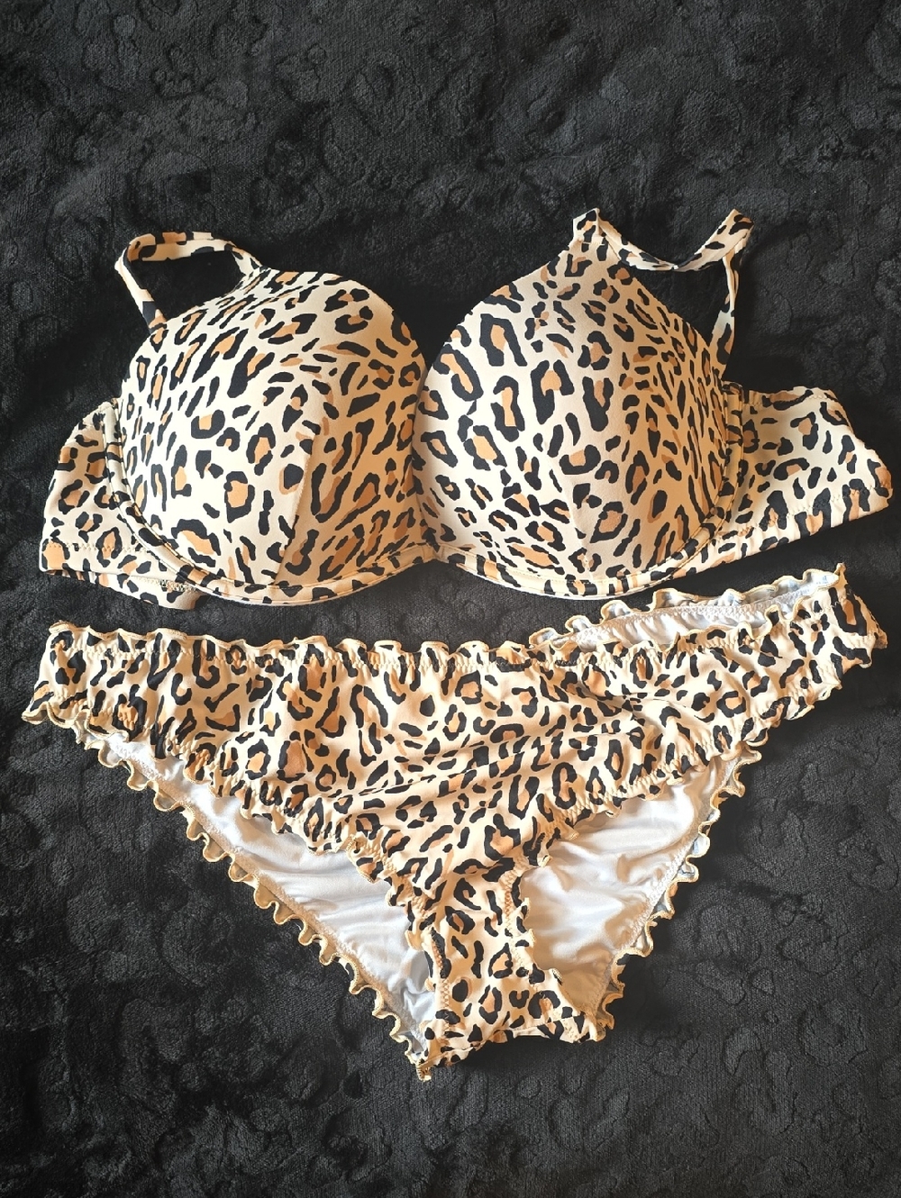 Leopard Print Push-Up Bra 38D & Bikini Bottoms Xl - Beige/Black